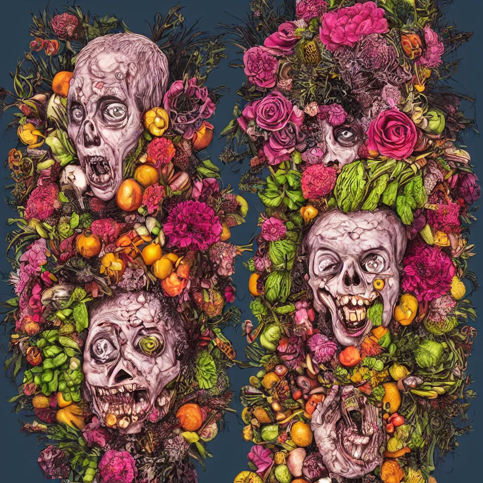 Image similar to hyper-detailed portrait, punk rock zombie male made out of fruits, vegetables and large flowers in the Baroque style of Arcimboldo, crystalline skin, slamdancing, cinematic lighting, neon pink lighting, large details, dull blue background