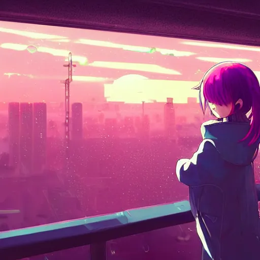 Image similar to android mechanical cyborg anime girl child overlooking overcrowded urban dystopia sitting. Pastel pink clouds baby blue sky. Gigantic future city. Raining. Makoto Shinkai. Wide angle. Distant shot. Purple sunset. Sunset ocean reflection. Pink hair. Pink and white hoodie. Cyberpunk.