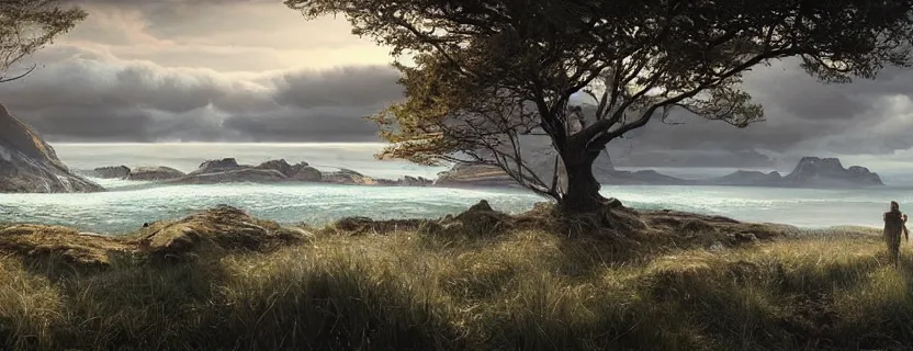 Prompt: grass - sea, dark cloudy sky, silver lining, most epic landscape. epic cinematic hyperrealism masterpiece. realistic poster with shaded lighting by craig mallismo, artgerm, jeremy lipkin and michael garmash, unreal engine, radiant light, detailed and complex environment, digital art, art station trends