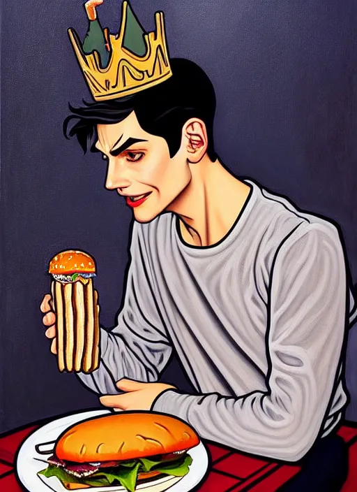 Image similar to oil painting, jughead jones wears a grey crown and devours a hamburger, intricate, elegant, highly detailed, lighting, painting, artstation, smooth, illustration, art by greg rutowski and alphonse mucha