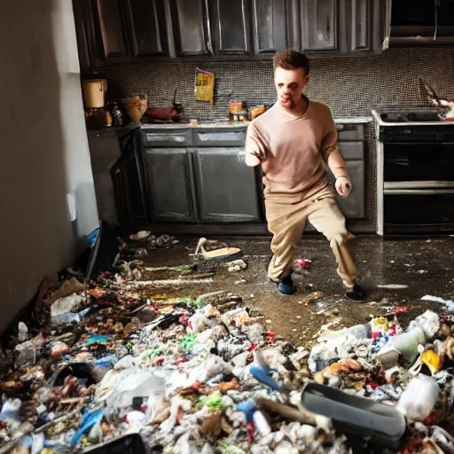 Image similar to photo of a man dancing in the kitchen, full of trash, garbage, shutterstock, getty images, istockphoto,