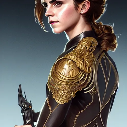 Image similar to Emma Watson in a Vault suit from Fall Out, western, D&D, fantasy, intricate, elegant, highly detailed, digital painting, artstation, concept art, matte, sharp focus, illustration, art by Artgerm and Greg Rutkowski and Alphonse Mucha