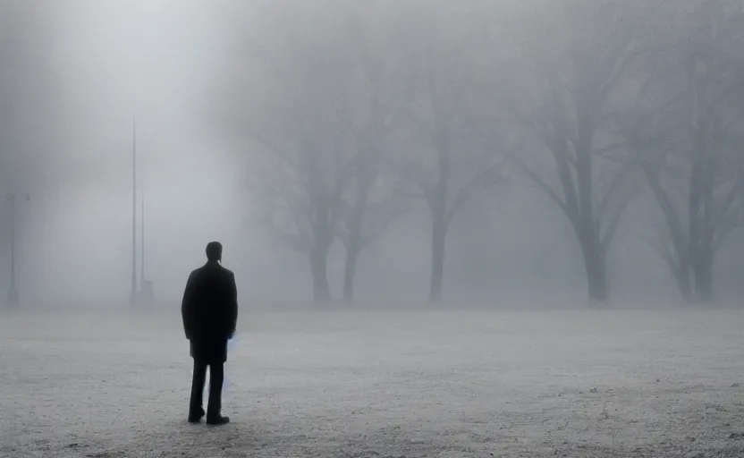 Image similar to cinematic shot of a lonely man with broken heart at park, moody scene from being john malcovich directed by charlie kaufman ( 2 0 0 1 ), foggy volumetric light morning, anamorphic lenses, kodak color film stock