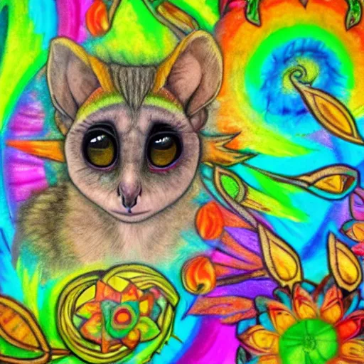 Image similar to shoulder tattoo of a multicolored trippy bushbaby with rainbow colored spiral eyes, long fur in rainbow colors, surrounded with a ring of colorful leaves and flowers, insanely integrate