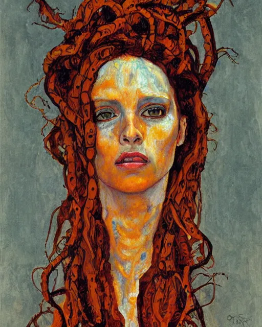 Image similar to portrait of orange medusa by greg rutkowski in the style of egon schiele