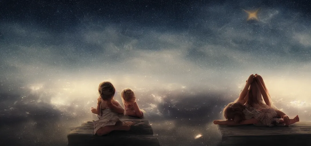 Prompt: star sky , night sky, cinematic,sky strewn with stars, little girls lying on the roof high detail, photorealism, sharp focus, star sharpness, different angles, 4k, UHDR