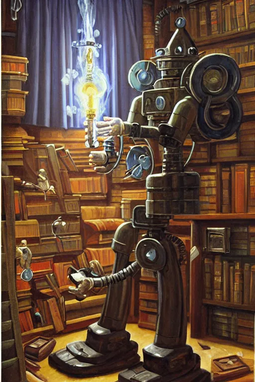 Prompt: classic oil painting, a drilling robot dressed as a medieval librarian, as a dnd character, inside a cluttered bedroom, cottagecore, highly detailed, digital illustration, concept art, smooth, sharp focus, art by roy c. krenkel, and boris vallejo, and manuel sanjulian, magic the gathering, ice