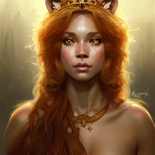 Image similar to majestic little lioness queen, d & d, portrait, highly detailed, digital painting, trending on artstation, concept art, sharp focus, illustration, art by artgerm and greg rutkowski and alphonse mucha and magali villeneuve