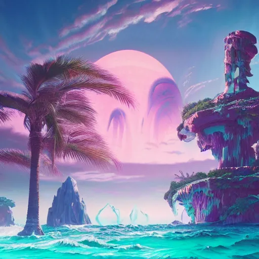 Image similar to vaporwave, highly detailed surreal vfx portal to another dimension, giant head ruins, vaporwave, stephen bliss, unreal engine, greg rutkowski, loish, rhads, beeple, makoto shinkai and lois van baarle, ilya kuvshinov, rossdraws, tom bagshaw, global illumination, detailed and intricate environment