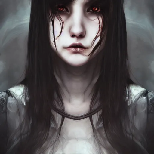 Prompt: Ethereal portrait of a creepy demonic sleep paralysis girl with dirty long dark hair, long bangs, a malicious grin, big piercing eyes, dim lighting, medium shot, by artgerm and WLOP