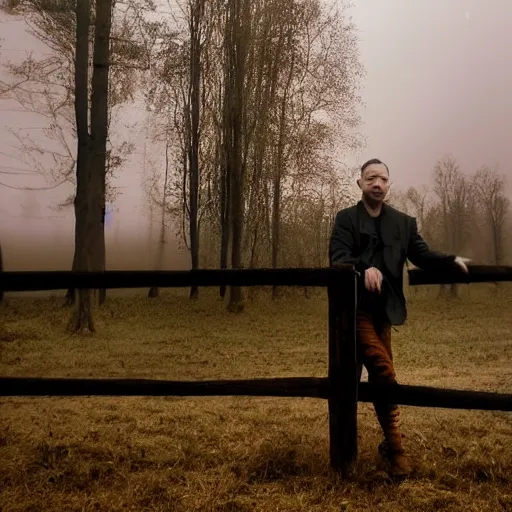 Prompt: medium shot portrait bust of tom hardy sitting on fence, tired expression, faded color film, russian cinema, mario testino, tarkovsky, technicolor, heavy forest, wood cabin in distance, shallow depth of field, long brown hair, old clothing, heavy fog, brown color palette, sunset, low light, hudson river school, 4 k, dramatic lighting