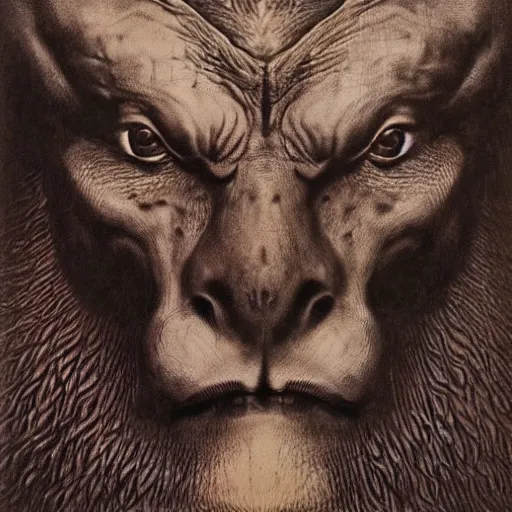 Image similar to creature with with four faces : eagle, bull, man, lion. drawn by zdzislaw beksinski