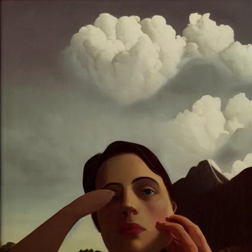 Prompt: close up of the face of beautiful woman, clouds in background, dramatic lighting, painting by neo rauch, highly detailed