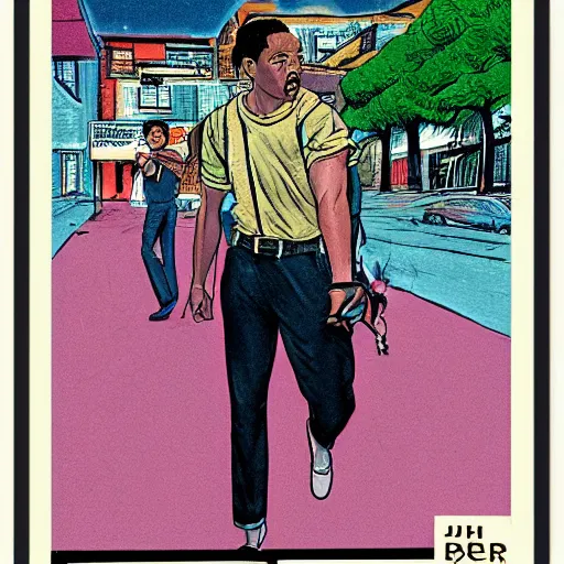 Image similar to glossy old advertising poster, young will smith walking through crowded bel air street, drawn comic by junji ito, pastels, gradient