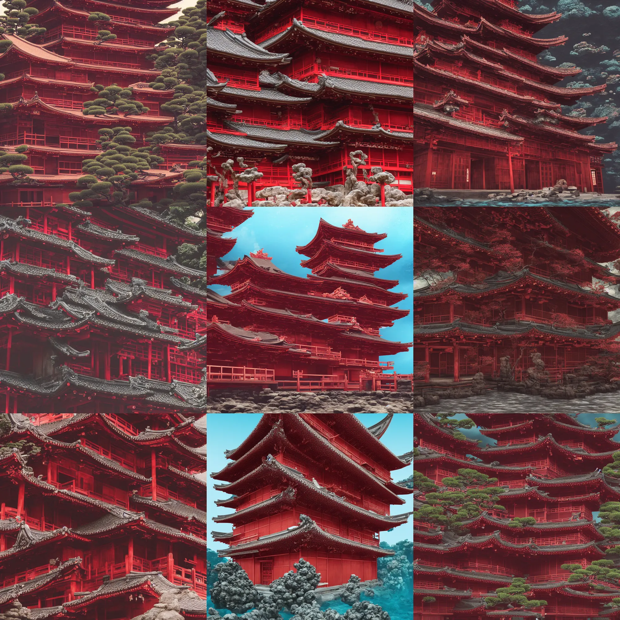 Prompt: A ancient Japanese architectural building with dark-red columns under the sea, 8k, very high detailed, cinematic, octane render, intricate