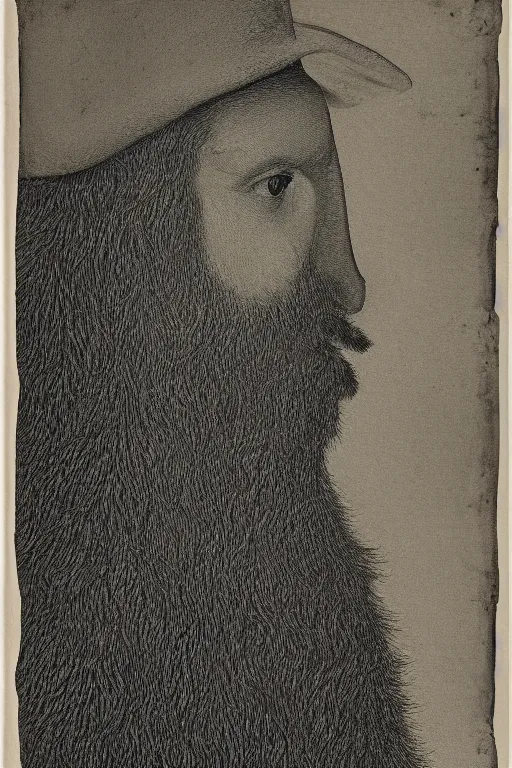 Image similar to a man's face in profile, long beard, made of foliage, in the style of the Dutch masters and Gregory crewdson, dark and moody