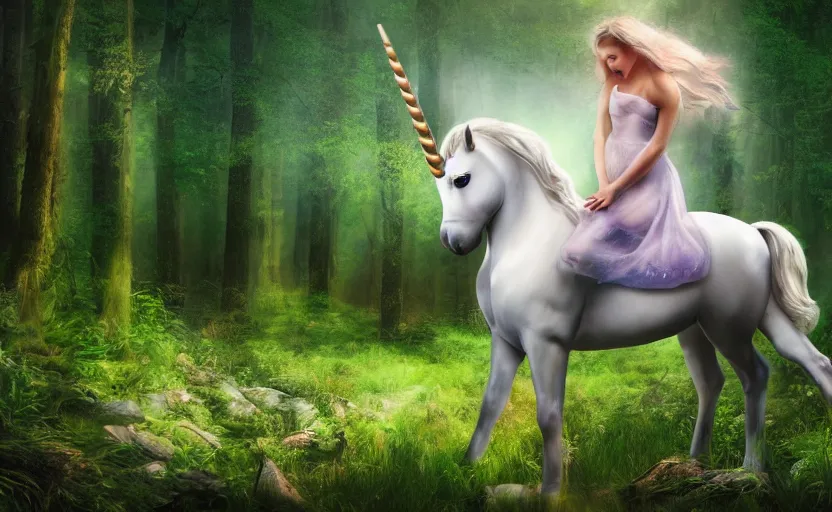 Image similar to princess riding a unicorn, in a forest clearing, ultra realistic, photorealistic, portrait,