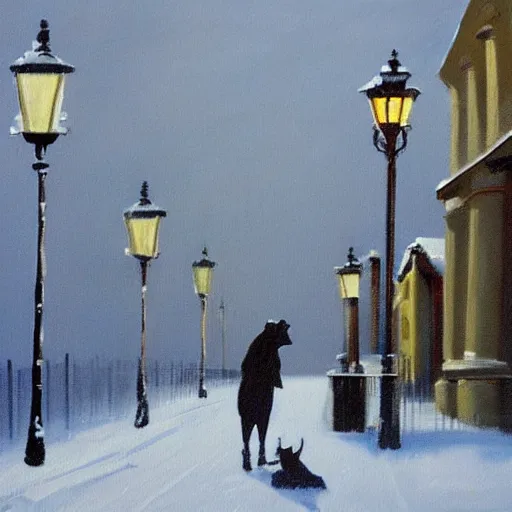 Image similar to painting of a snowy london street scene, and a dog with its tongue stuck to a lamp post