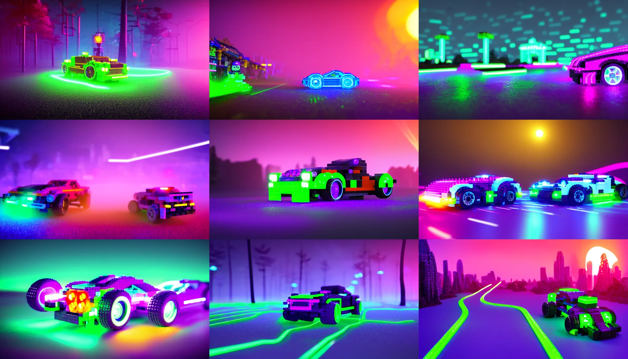 Prompt: luminescent lego car driving on a neon road into the distance with glowing cyberpunk signs leaving long glowing trails, dark magical forest, synthwave, octane render, purple fog, futuristic, sunset, purple rays, reflective mirror puddles, beautiful lighting, ultra realistic, highly detailed, 8 k