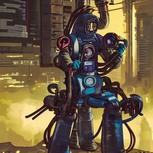 Prompt: Full body portrait of a mechanic in overalls repairing a mech, cyberpunk, illustration, detailed face, detailed background, Ilya Kuvshinov, Hayao Miyazaki, Takashi Takeuchi, Masamune Shirow