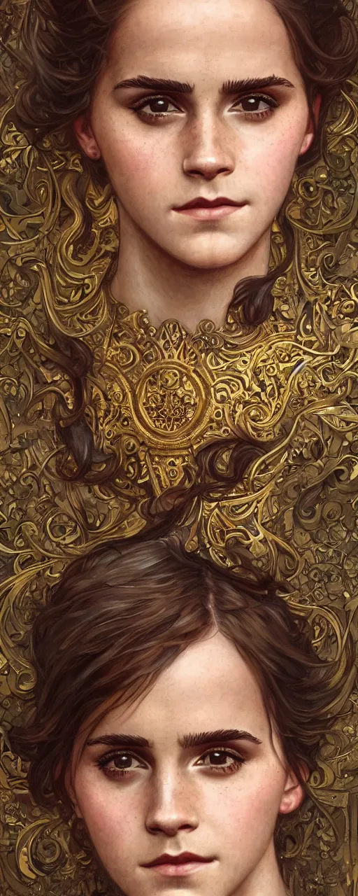 Image similar to photo photorealistic portrait closeup photograph full body art nouveau portrait of Emma Watson ornate intricate golden battle armor, intricate, elegant, highly detailed, digital painting, artstation, concept art, smooth, sharp focus, illustration, art by John William Waterhouse and greg rutkowski and Donato Giancola and alphonse mucha