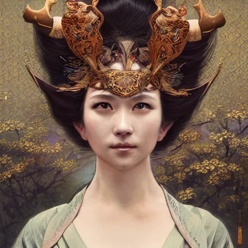 Image similar to a photorealistic dramatic fantasy render of a beautiful woman wearing a beautiful intricately detailed japanese cow kitsune mask and clasical japanese kimono by wlop, artgerm, greg rutkowski, alphonse mucha, beautiful dynamic dramatic dark moody lighting, shadows, cinematic atmosphere, artstation, concept design art, octane render, 8 k