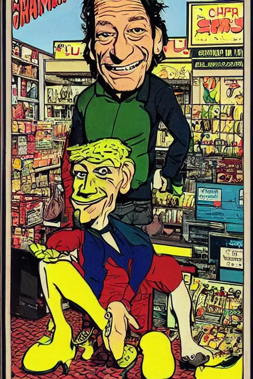 Image similar to jim varney in a shopping cart outside of k - mart, 6 0 ’ s style cartoon cover by jean henri gaston giraud, comic book artist moebius, comic book arzach style