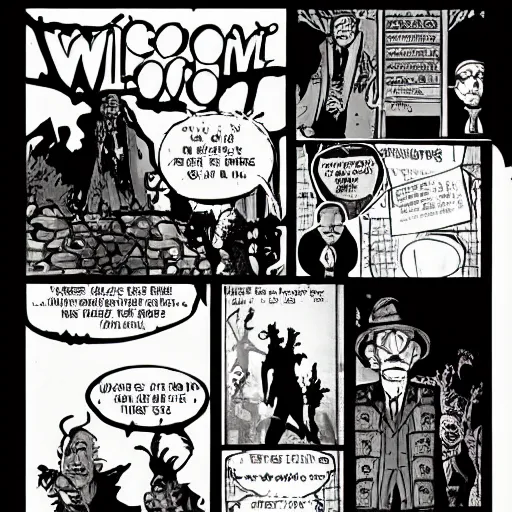 Prompt: detailed photorealistic welcome to horrorland stand comic panel story in the style of moebius mike mignola william gibson paul lung roberto bernadi neil gaiman