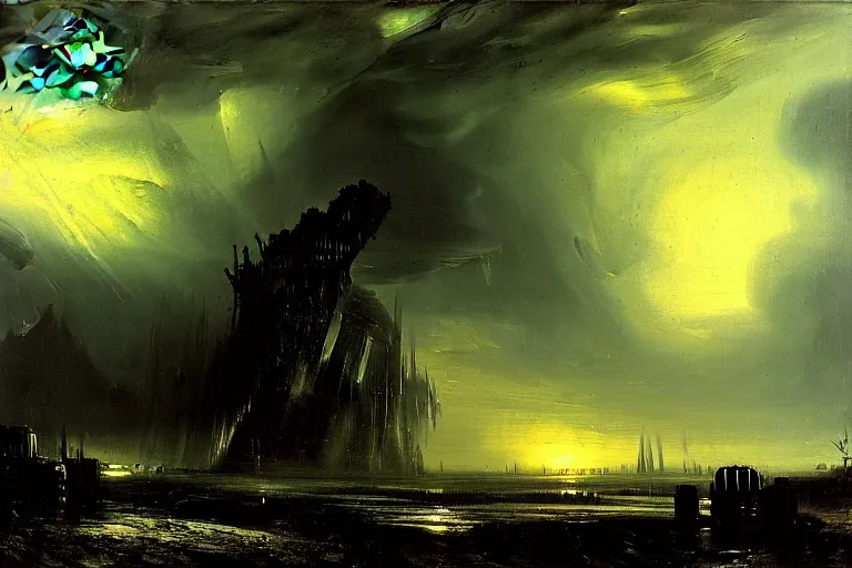 Prompt: awesome landscape rain by peder balke with an alien structure with vehicles and lights by hrgiger