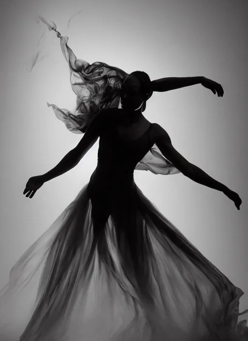 Image similar to a Photorealistic dramatic hyperrealistic render of a beautiful Female smoke dancer by Ken Brower and Deborah Ory of NYC Dance project,Lois Greenfield,Flowing cloth and smoke,Beautiful dynamic dramatic dark moody lighting,volumetric,shadows,cinematic atmosphere,Octane render,8K