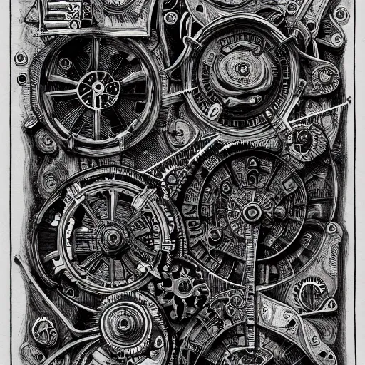 Image similar to miskatonic mechanical engine, black ink on paper, trending on artstation, beautiful, intricate, detailed