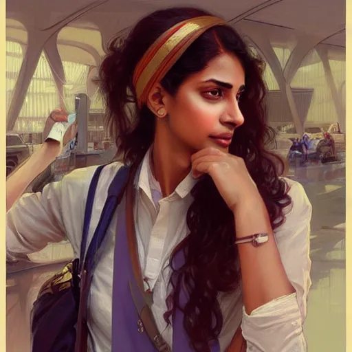 Image similar to Anxious good looking pale young Indian doctors wearing American clothes at the airport, portrait, elegant, intricate, digital painting, artstation, concept art, smooth, sharp focus, illustration, art by artgerm and greg rutkowski and alphonse mucha