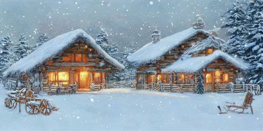 Image similar to a warm cabin in the snow, winter wonderland, cozy, nostalgia, Christmas, warmness, artwork in the style of Alan Lee