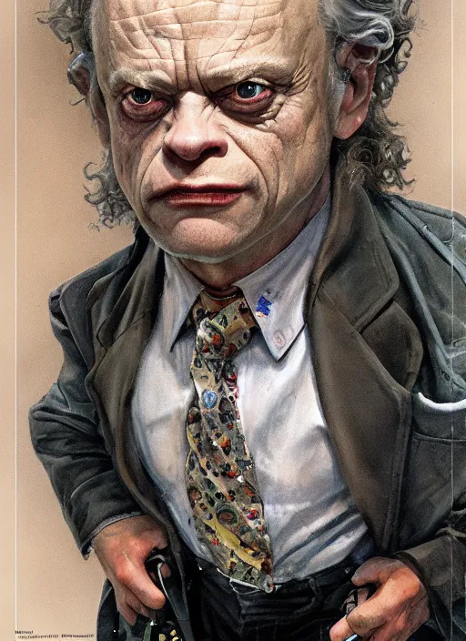 Prompt: upper body portrait of brad dourif as an insane science fiction scientist, by tom lovell and dean cornwell and norman rockwell, photoreal, character concept art, artstation