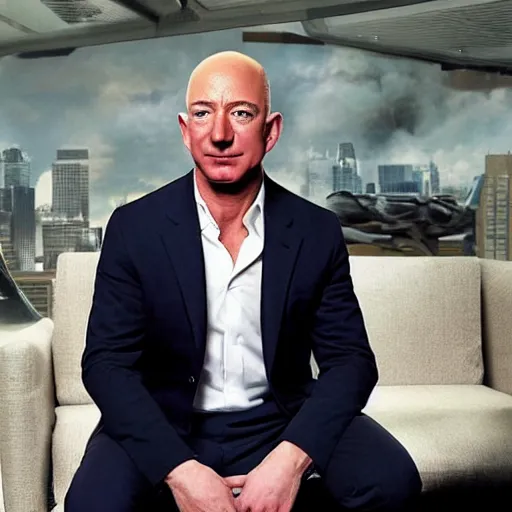 Image similar to jeff bezos sitting as professor charles xavier in xmen movie