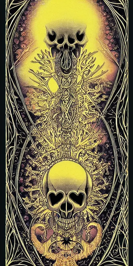 Image similar to a beautiful ombre skullpunk fractal tarot card featuring bold occult imagery with clean lines. haeckel. detailed adult coloring book