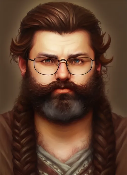 Prompt: a _ fantasy _ style _ portrait _ painting _ of chubby male glasses and wavy brown hair and beard, rpg dnd oil _ painting _ unreal _ 5 _ daz. _ rpg _ portrait _ extremely _ detailed _ artgerm _ greg _ rutkowski _ greg