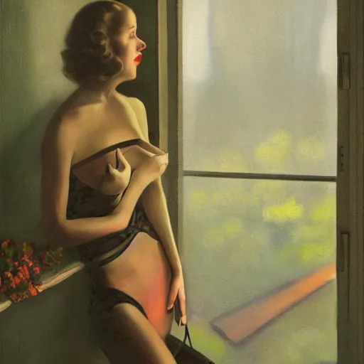 Image similar to oil painting of realistic woman, 1 9 3 0 s decopunk penthouse balcony, rain and smoke, dramatic lighting, tech noir, wet skin, atmospheric, ambient, rupert everton, wlop, george tooker, alexis flower, hopper, livia prima,