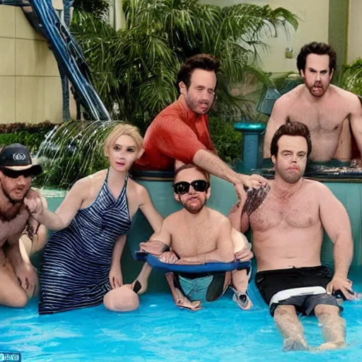 Prompt: the cast of its always sunny in philadelphia hanging out with the mcpoyles at a water park