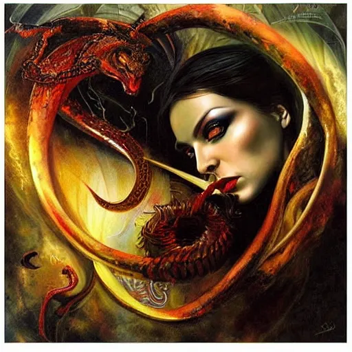 Image similar to the devil and a serpent, ethereal, painting by karol bak