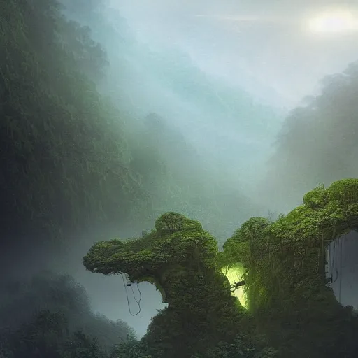 Image similar to An incredible matte painting about an artless painting of a giant autonomous spaceship landing in a misty rainforest, surrounded by mountains and clouds. Featured on artstation The machine in the temple, aztec jade, reflective