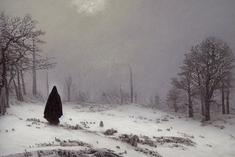 Prompt: A cloaked wanderer walking by the burnt husk of a cabin in a snowy landscape, matte oil painting, fantasy, exquisitely detailed, gothic, by Caspar David Friedrich and Makoto Shinkai