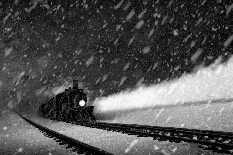 Prompt: an old locomotive rushing through snow storm in high speed, white steam on the side, dark smoke with fire! from the pipes, dynamic angled shot, speed lines, fire particles and snowflakes everywhere, 8 k, by edward hopper, 1 6 k, eerie moon eclipse cinematic scenery