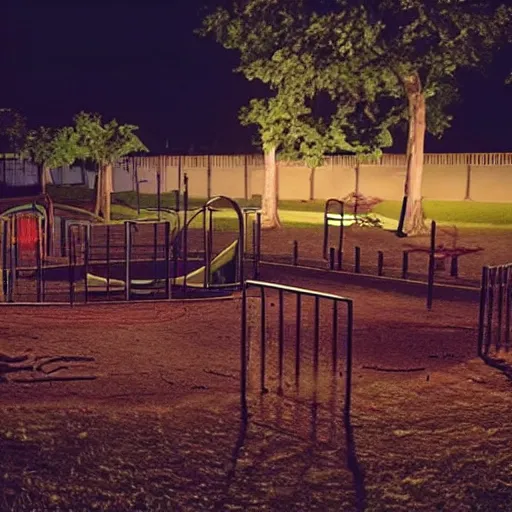 Image similar to a playground at night with only one orange light, creepy, found footage