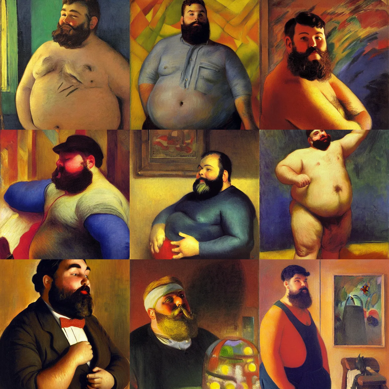 Prompt: portrait of a chubby bearded Leo-American young man, glowing with colored light, painting by Franz Marc, by Jean-Léon Gérôme, by Winsor McCay, today's featured photograph, 16K