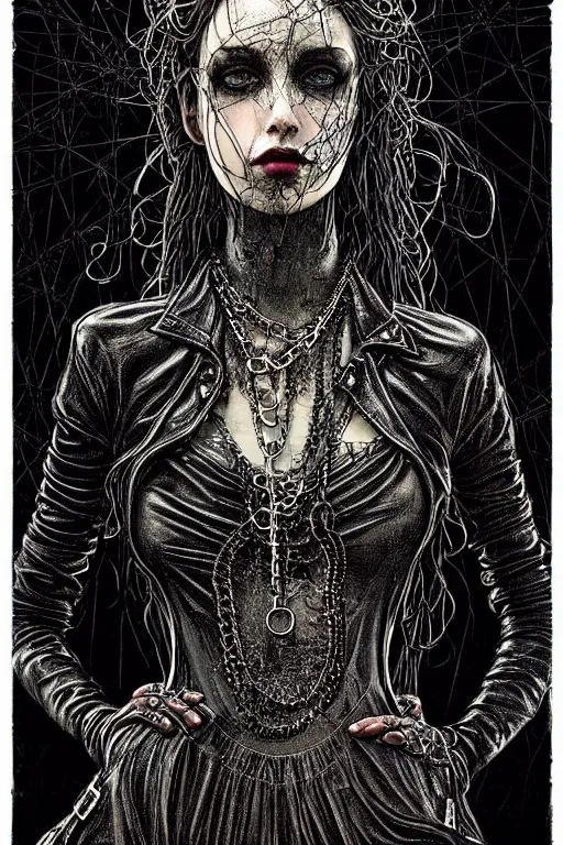 Image similar to dreamy gothic girl, black leather slim clothes, chains and metal parts, detailed acrylic, grunge, intricate complexity, by dan mumford and by alberto giacometti, peter lindbergh