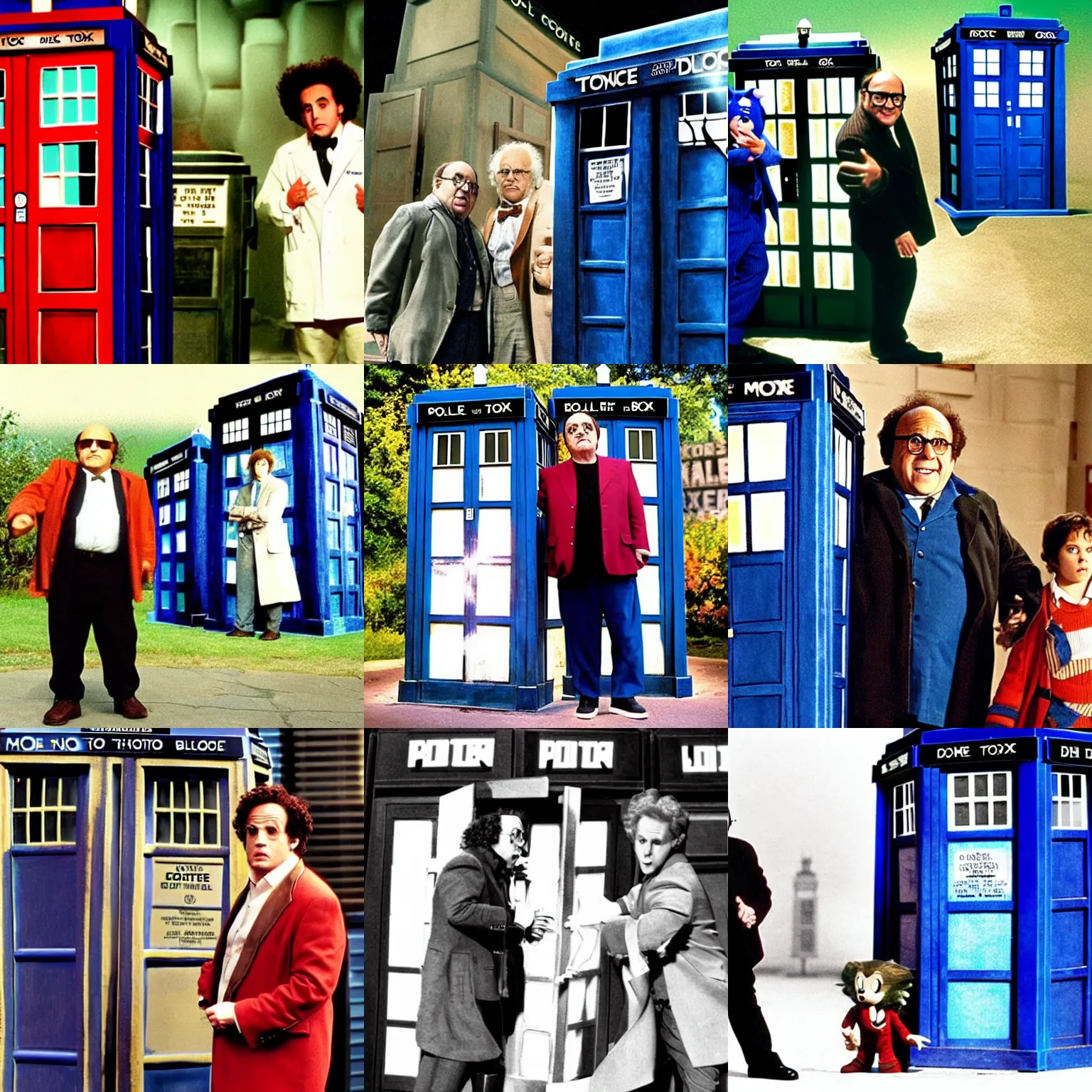 Prompt: <movie still cohesive>((danny devito)) as ((doctor who)) stands next to the tardis with his companion ((sonic))</movie>