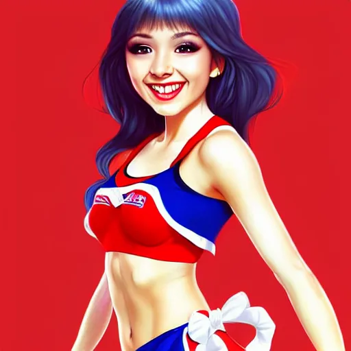 Image similar to very beautiful female cheerleader, smiling, flirty, eye contact, perfect face, perfect body, drawn by artgerm