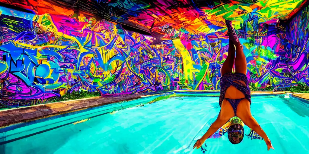 Prompt: backflip into a pool caustics lighting impressive colorful masterpiece graffiti hyper perspective textured detailed intricate sharp focus 8 k