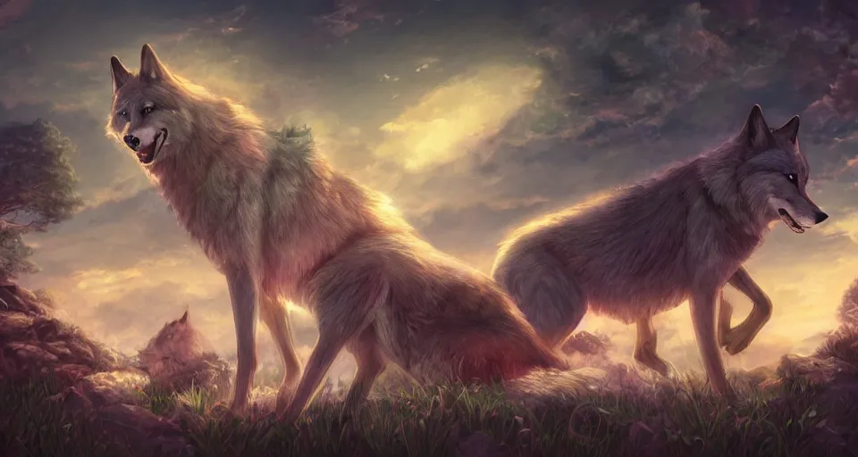 Prompt: wolves and their treasures - astral landscape, trending on artstation, illustration, digital painting, highly detailed render by studio ghibli